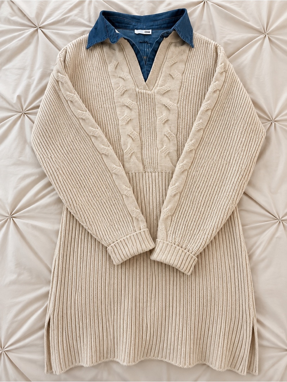 Fashion Nova Cable Knit Sweater Dress Denim Collar Cream. Size large